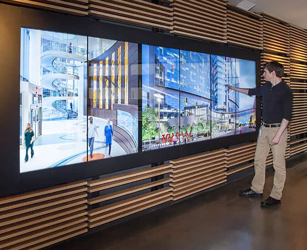 Digital signage video wall in an office.