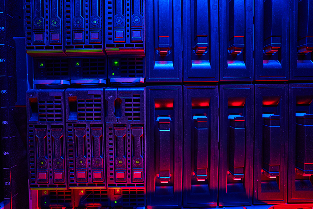 Close up front view image of server racks with different a lot of super computer