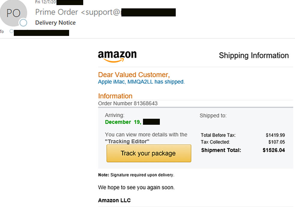 Fake Amazon email with malicious links