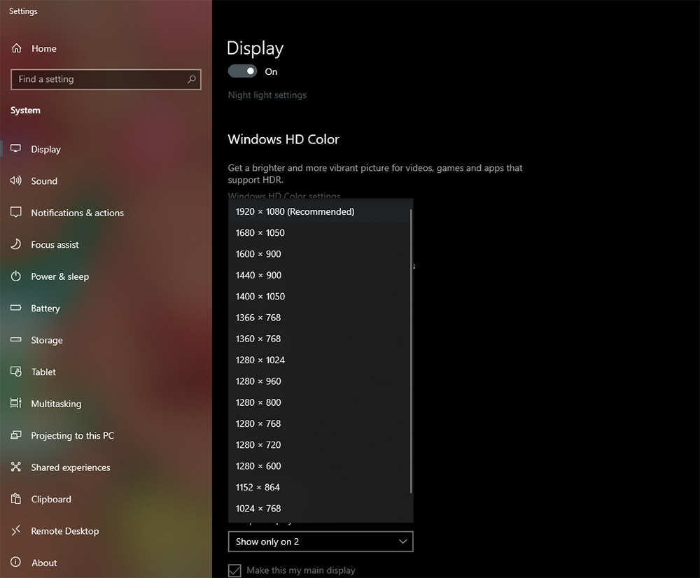 Screen resolution menu on a computer