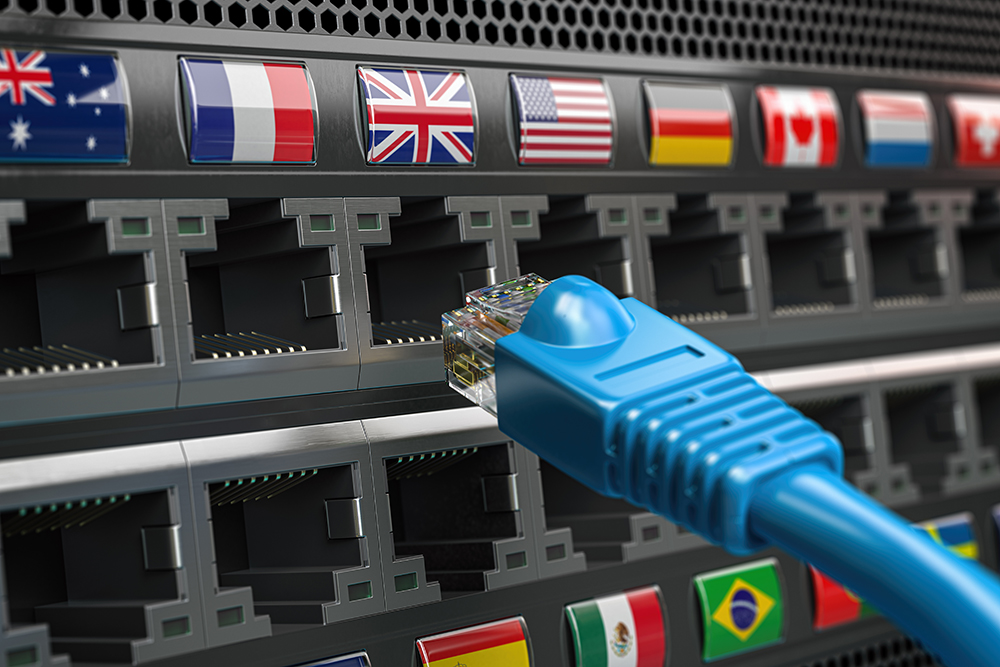 VPN virtual private network connection concept. Lan cable and a router with different flags. 3d illustration