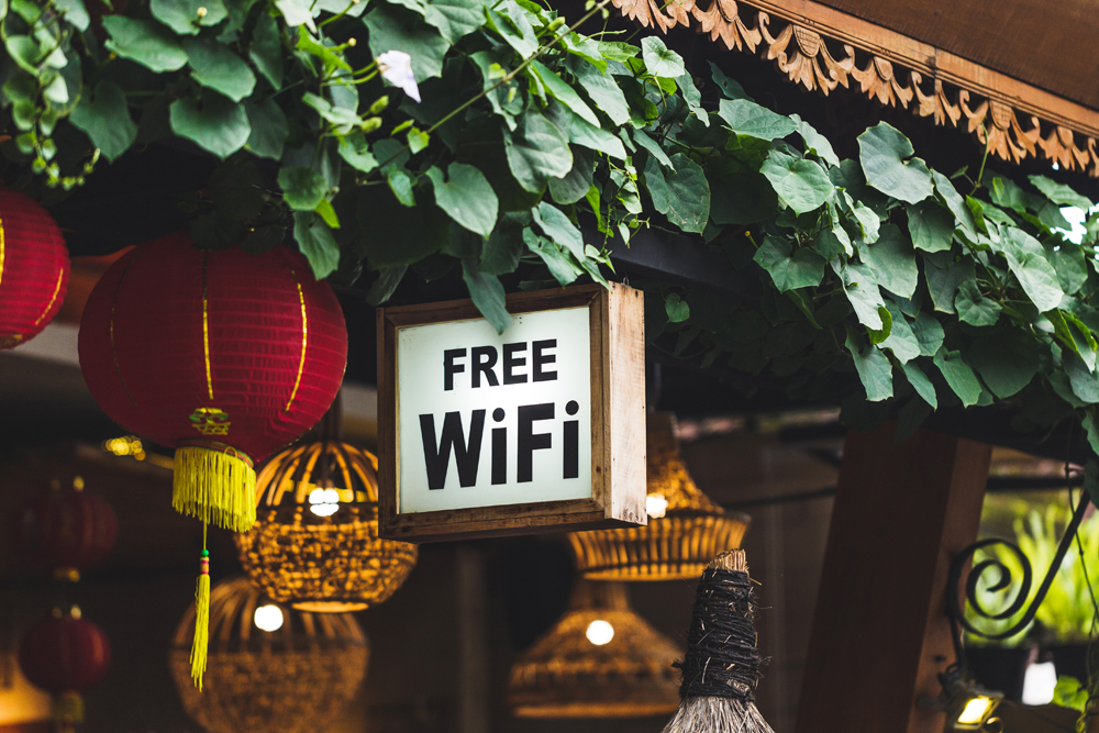 Free Wi-Fi sign hanging in a restaurant
