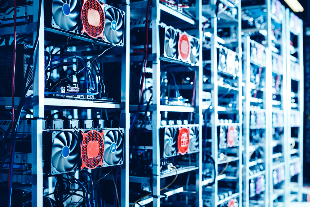 Bitcoin and crypto mining farm. Big data center. High tech server computers at work