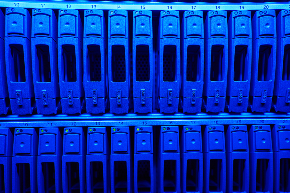 Data backup hard drives from an IT cloud backup system in a data center.
