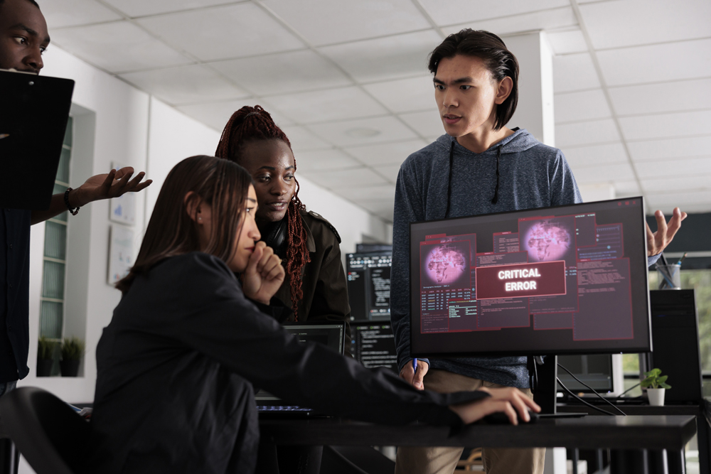 A group of employees learning firsthand about the risks of running outdated software as their computers show critical error on their monitors