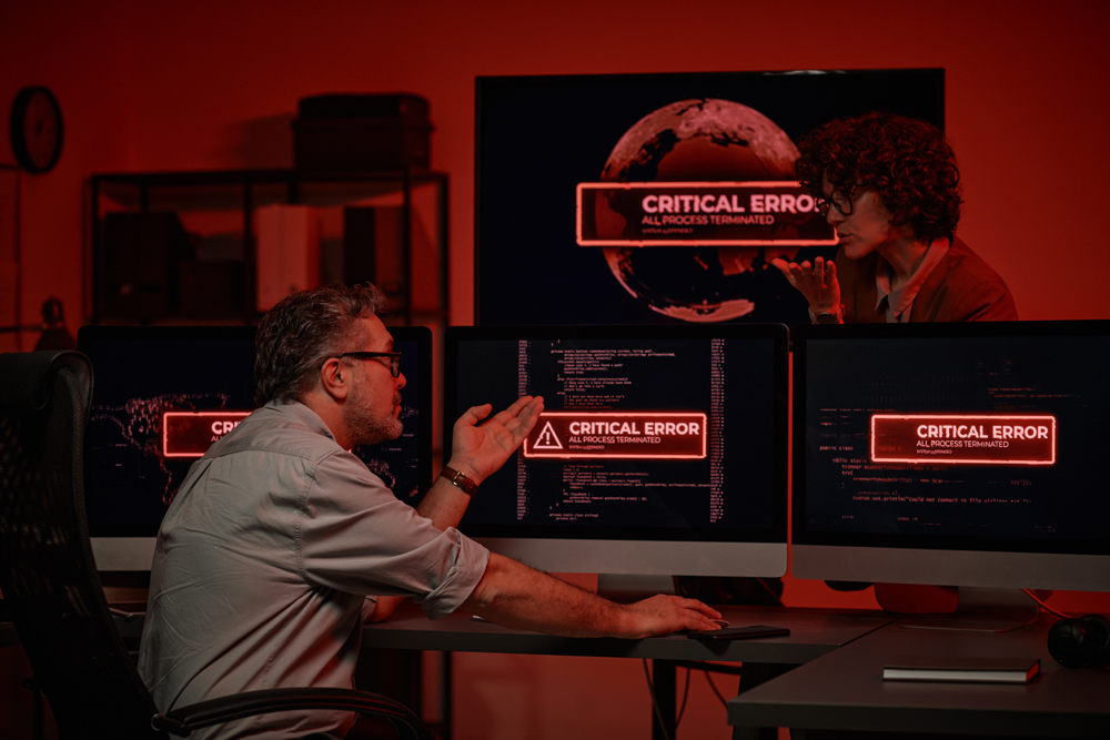 Critical error showing on multiple computer screens in an office