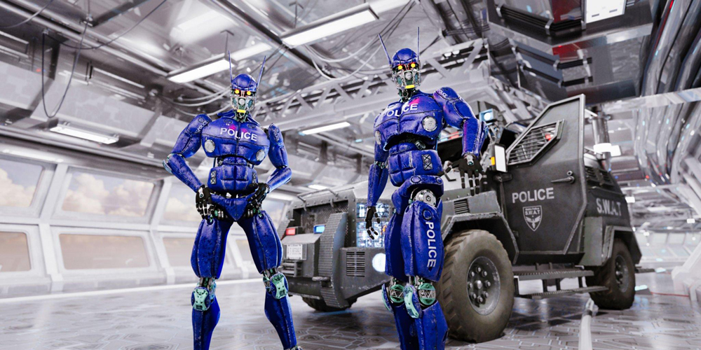 Robot police standing in front of a swat military vehicle