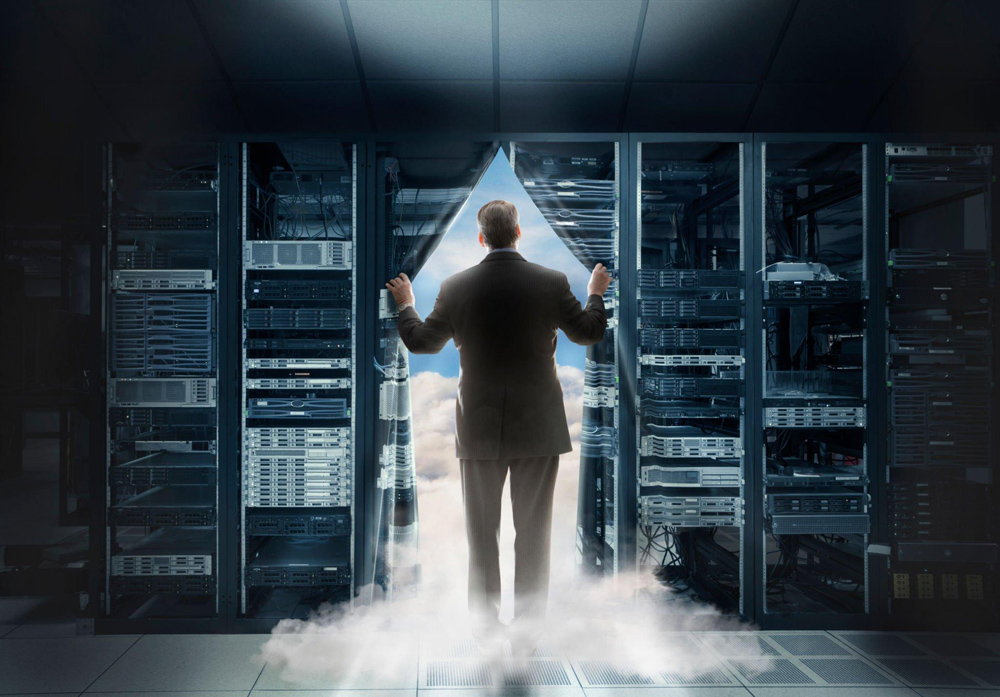 Man transferring himself into the cloud through a portal in the data center