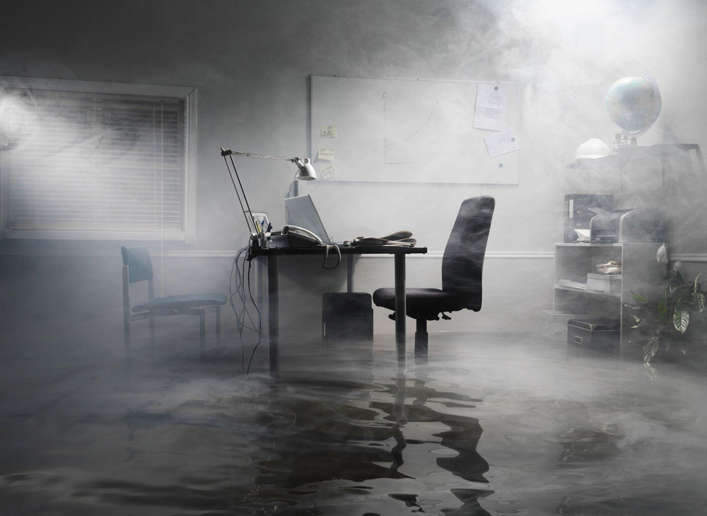 Flooded office after a fire